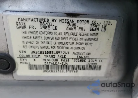 2002 Nissan Sentra Xe z USA, uszkodzony, nr VIN 3N1CB51D22L593763